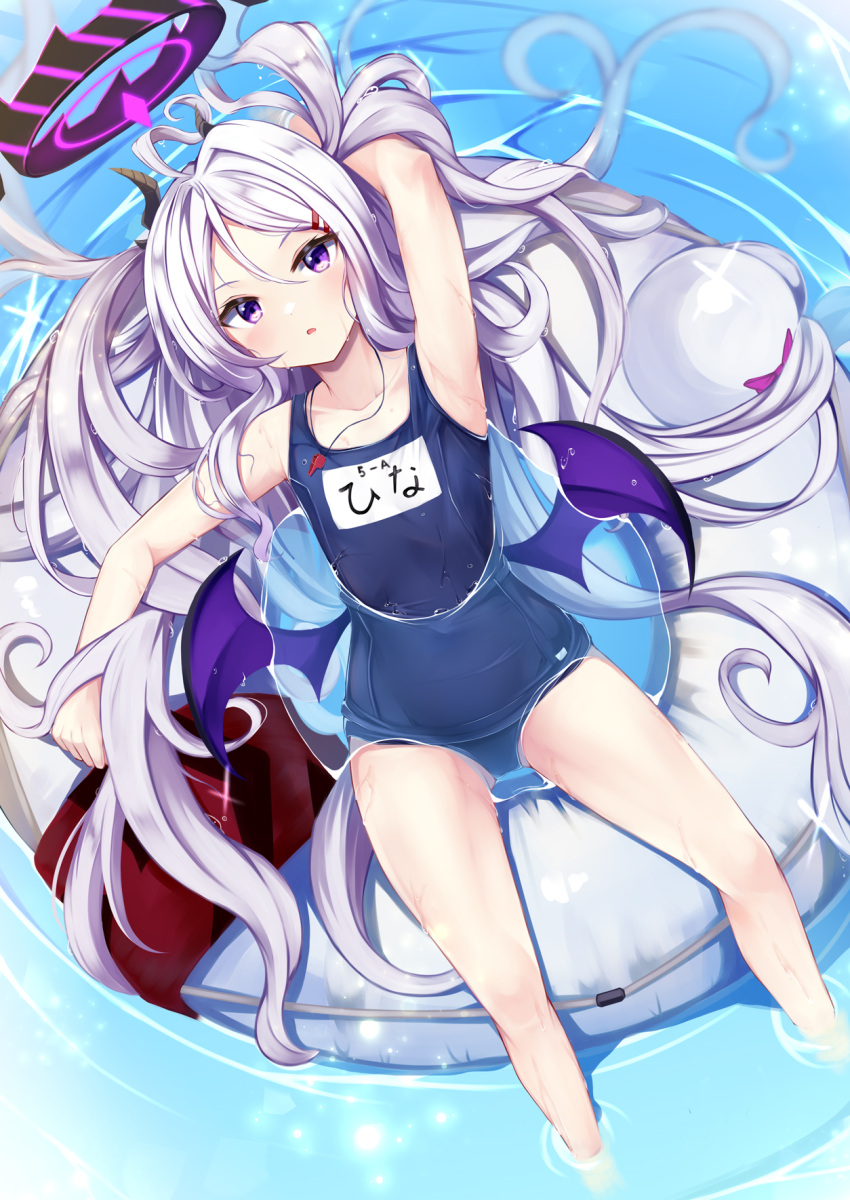 1girl afloat ahoge arm_up armpits bangs blue_archive blurry collarbone commentary_request demon_horns demon_wings depth_of_field eyebrows_visible_through_hair from_above hair_between_eyes hair_ornament hairclip halo highres hina_(blue_archive) horns in_water irohara lifebuoy long_hair looking_at_viewer looking_up lying name_tag ocean old_school_swimsuit parted_lips school_swimsuit sidelocks solo swimsuit violet_eyes water_drop whistle whistle_around_neck white_hair wings