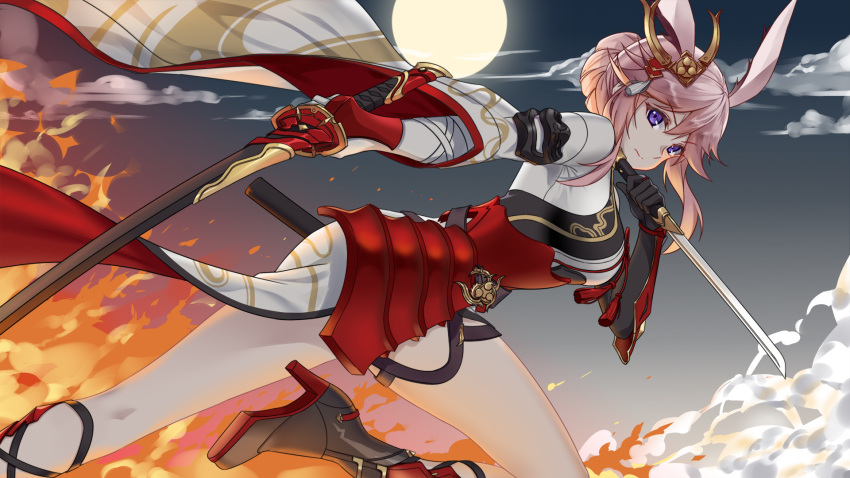 1girl 5plus animal_ears armor asymmetrical_gloves bangs black_footwear black_gloves boots breasts closed_mouth clouds cloudy_sky dual_wielding fire fox_ears full_moon gloves hair_between_eyes hair_ornament highres holding holding_sword holding_weapon honkai_(series) honkai_impact_3rd japanese_armor japanese_clothes katana leg_up looking_at_viewer moon night night_sky outdoors pink_hair sky solo sword uneven_gloves violet_eyes weapon white_gloves yae_sakura yae_sakura_(flame_sakitama)