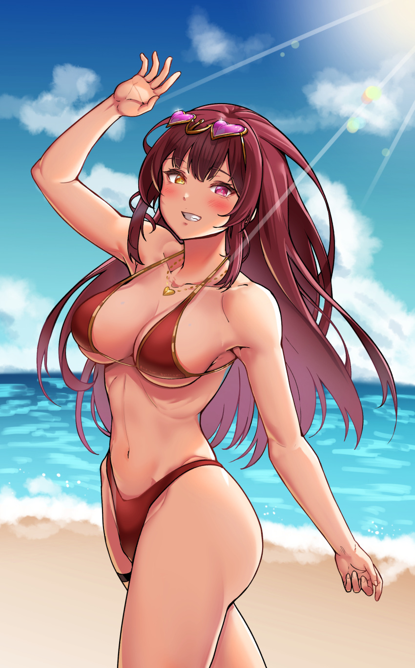 1girl absurdres beach bikini blush breasts clouds collarbone day eyewear_on_head grin hair_down halter_top halterneck heart heart-shaped_eyewear heart_necklace heterochromia highres hololive houshou_marine large_breasts lens_flare long_hair looking_at_viewer navel ocean outdoors pink_eyes red_bikini redhead sky smile sodmango solo stomach string_bikini sun sunglasses swimsuit thigh_strap twintails very_long_hair virtual_youtuber yellow_eyes