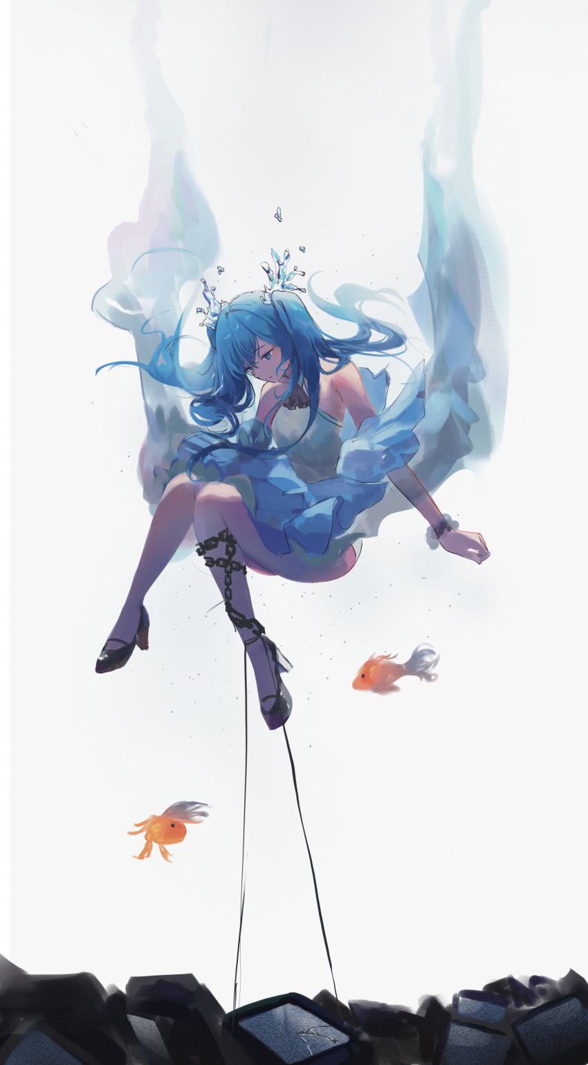 1girl absurdres air_bubble bare_arms bare_legs black_footwear blue_dress blue_hair bubble chain chained commentary_request dress fish full_body grey_background hatsune_miku high_heels highres jenmin12 long_hair sleeveless sleeveless_dress solo television twintails underwater vocaloid wrist_cuffs