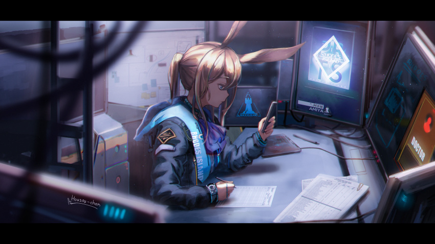 1girl absurdres amiya_(arknights) animal_ears arknights from_side highres holding holding_phone housou-chan huge_filesize looking_away monitor phone rabbit_ears sitting solo writing