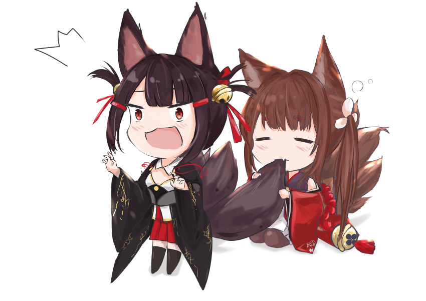 2girls absurdres akagi-chan_(azur_lane) amagi-chan_(azur_lane) animal_ears azur_lane bangs bell black_hair black_legwear blunt_bangs bow brown_hair chibi commentary_request eating eyebrows_visible_through_hair fox_ears fox_girl fox_tail hair_bow hair_ornament hair_ribbon hairclip highres kyuubi long_hair long_sleeves multiple_girls multiple_tails off-shoulder_kimono pantyhose pleated_skirt red_eyes ribbon sidelocks simple_background sitting skirt sleepy surprised tabitsuki tail thick_eyebrows thigh-highs twintails wariza wide_sleeves zettai_ryouiki