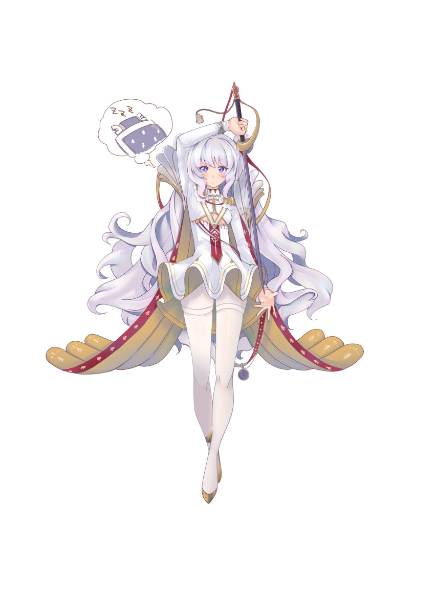 1girl absurdly_long_hair absurdres arm_up azur_lane bangs cape commentary_request double_bun dress eyebrows_visible_through_hair full_body hair_between_eyes highres holding holding_sword holding_weapon kotatsu le_malin_(azur_lane) long_hair long_sleeves looking_at_viewer mikuchi3939 pantyhose rapier sidelocks solo standing sword symbol-shaped_pupils table thinking two_side_up very_long_hair violet_eyes weapon white_background white_dress white_hair white_legwear