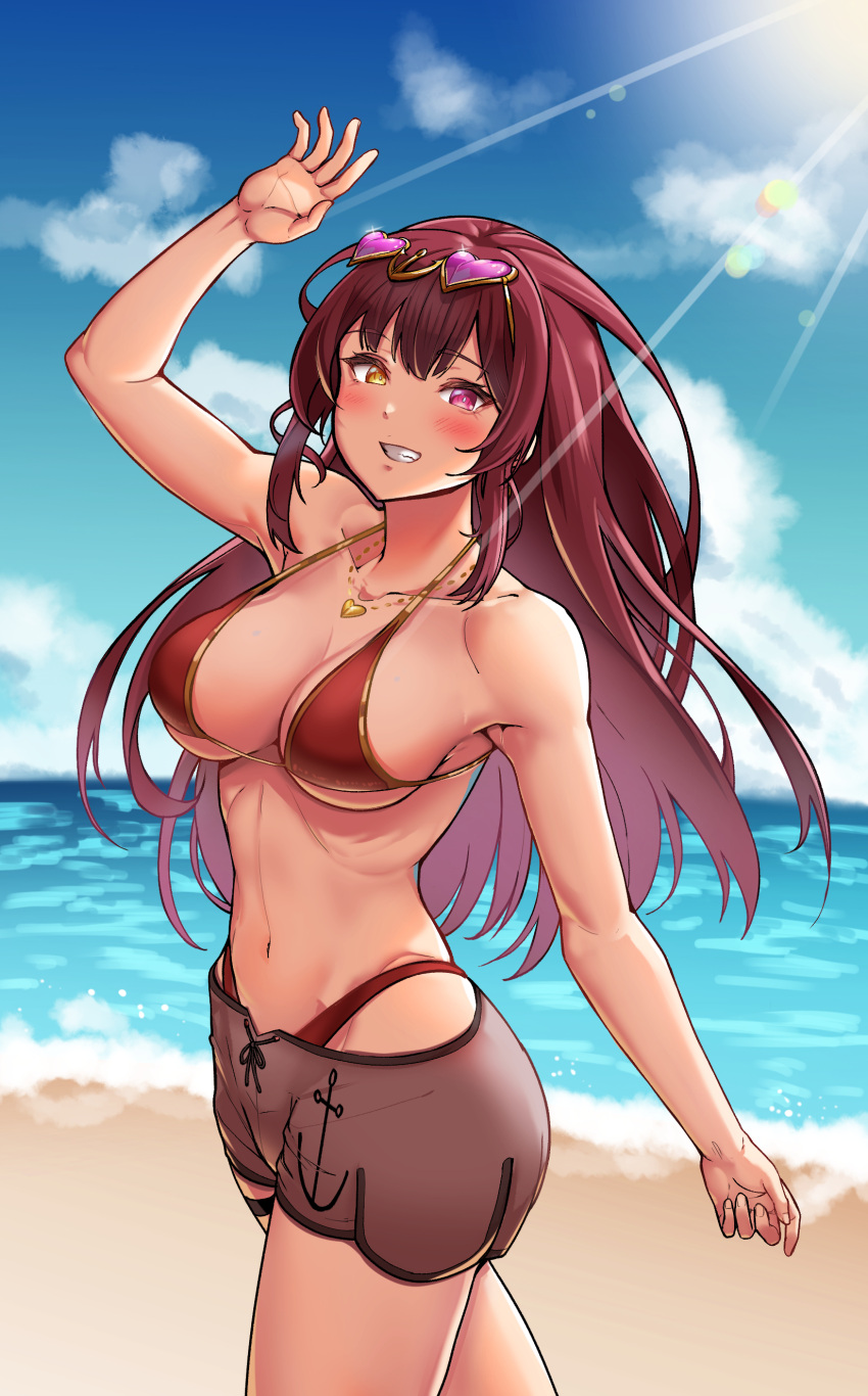 1girl absurdres badge beach bikini bikini_under_clothes blush breasts clouds collarbone day eyewear_on_head grin hair_down halter_top halterneck heart heart-shaped_eyewear heart_necklace heterochromia highres hololive houshou_marine large_breasts lens_flare long_hair long_sleeves looking_at_viewer navel ocean outdoors partially_unzipped pien pink_eyes red_bikini redhead short_shorts shorts sky smile sodmango solo stomach string_bikini sun sunglasses swimsuit thigh_strap twintails very_long_hair virtual_youtuber yellow_eyes zipper_pull_tab