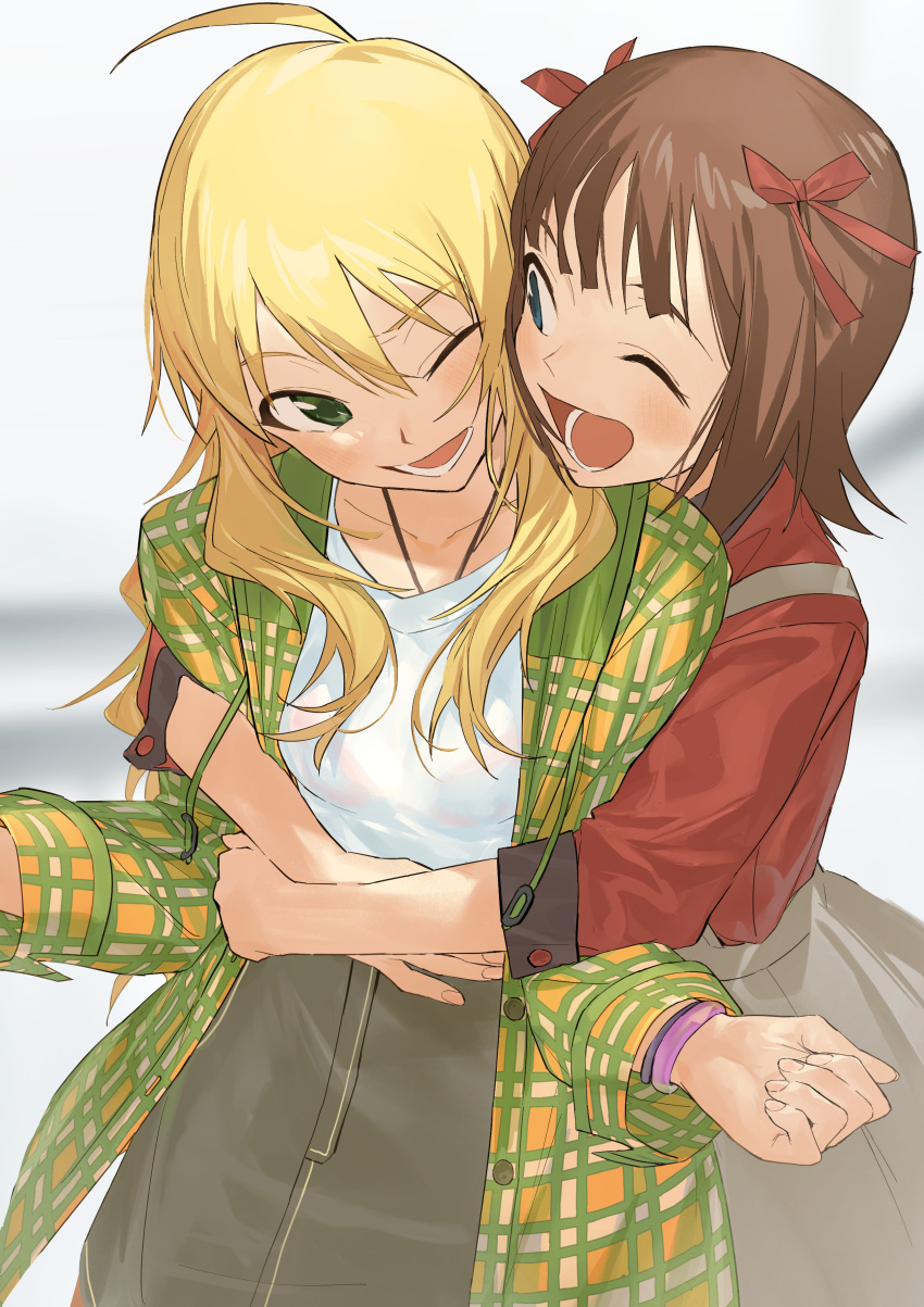 2girls ;d absurdres ahoge amami_haruka bangs blonde_hair blue_eyes collarbone commentary_request green_eyes hair_between_eyes hair_ribbon highres hoshii_miki hug hug_from_behind idolmaster idolmaster_(classic) long_hair looking_at_another multiple_girls one_eye_closed open_mouth perorin red_ribbon ribbon smile