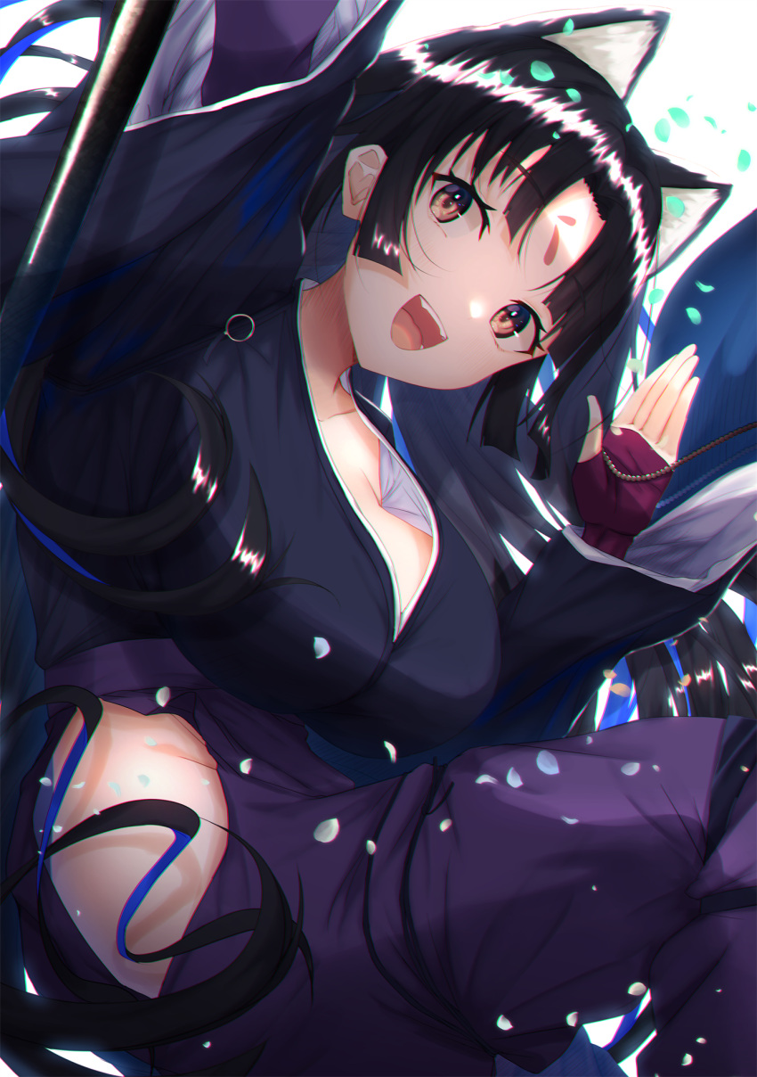 1girl animal_ears arknights bangs beads black_hair blunt_bangs breasts clothing_cutout commentary commentary_request dog_ears dog_girl extra_ears facial_mark fingerless_gloves forehead_mark gloves highres hip_vent japanese_clothes large_breasts long_hair looking_at_viewer nidaime_(doronbo) open_mouth pants parted_bangs prayer_beads purple_gloves purple_pants purple_shirt saga_(arknights) shirt sideboob solo yellow_eyes