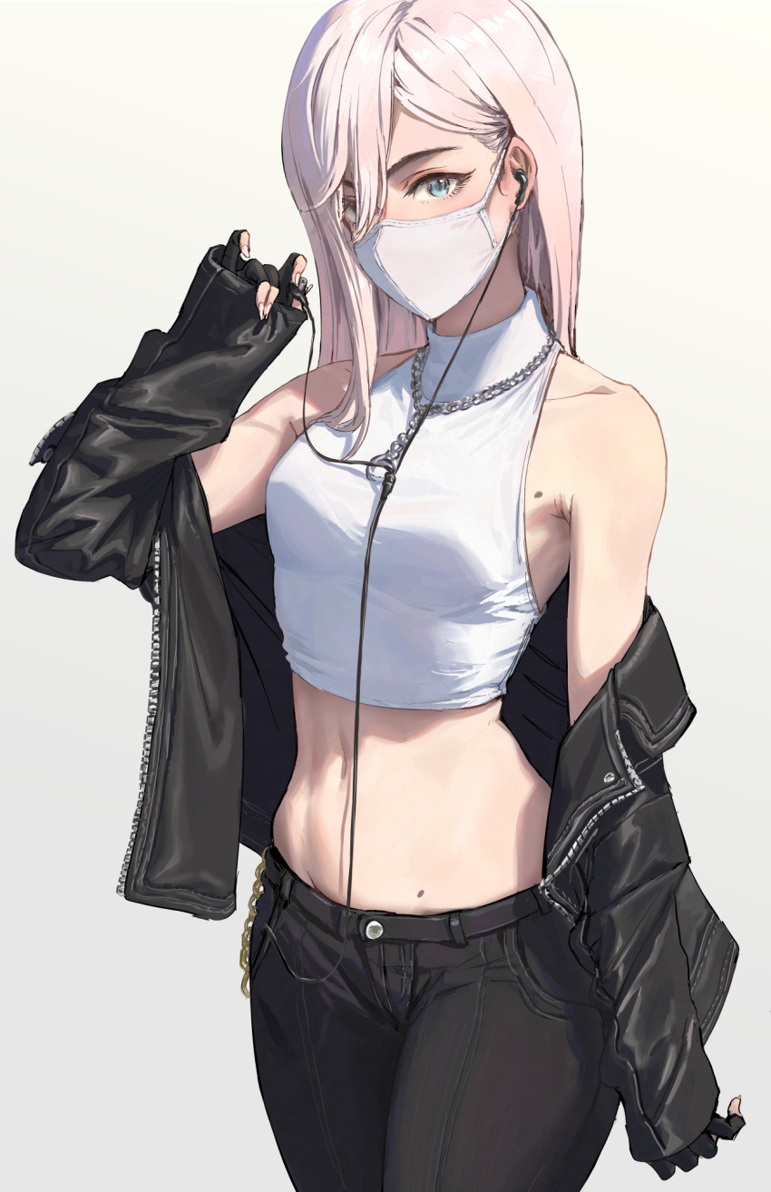 1girl athenawyrm bare_shoulders black_gloves black_jacket black_pants blue_eyes breasts cowboy_shot crop_top earphones fingerless_gloves gloves hair_between_eyes highres jacket jewelry long_hair long_sleeves looking_at_viewer mask midriff mole mole_on_stomach mouth_mask navel necklace off_shoulder open_clothes open_jacket original pants pink_hair sleeves_past_wrists small_breasts solo stomach unzipped