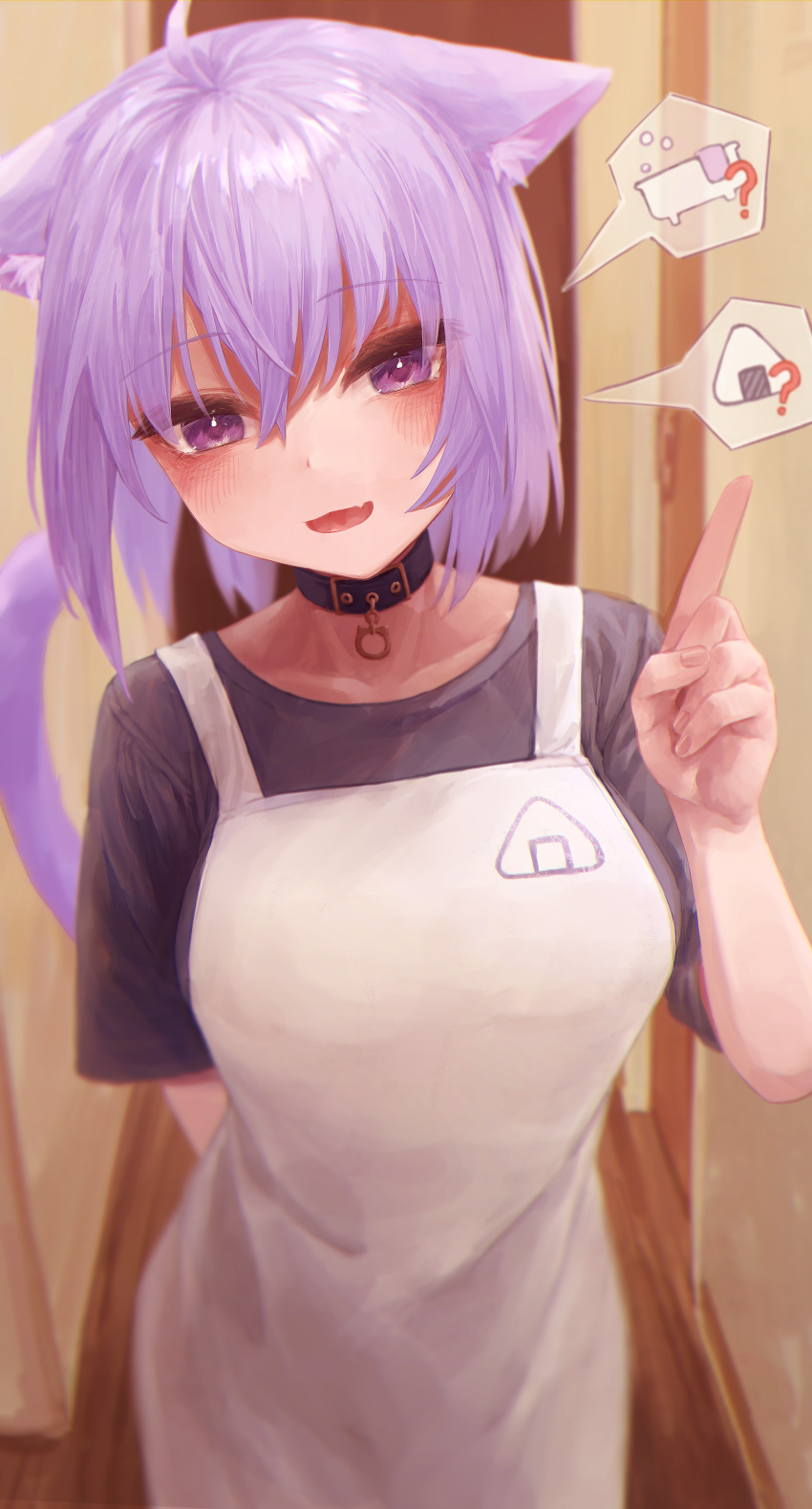 1girl :3 ? absurdres ahoge animal_collar animal_ears apron arm_behind_back bangs bathtub black_choker black_shirt blurry blurry_background blush bubble cat_ears cat_girl cat_tail choker collar collarbone commentary cowboy_shot crossed_bangs fang food hair_between_eyes hand_up head_tilt highres hololive hololive_gamers index_finger_raised indoors looking_at_viewer nanome_to naughty_face nekomata_okayu onigiri open_mouth purple_hair raised_eyebrows shirt short_hair skin_fang smile solo spoken_object standing t-shirt tail translated violet_eyes virtual_youtuber white_apron