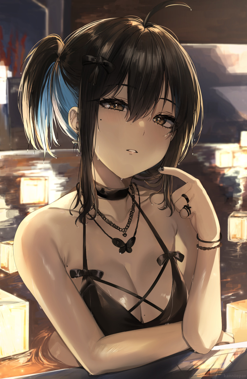 1girl absurdres ahoge artist_name bangs bikini black_bikini black_bow black_choker black_hair black_nails blue_hair blurry blurry_background blush bow breasts brown_eyes choker colored_inner_hair commentary cross cross_earrings earrings english_commentary eyebrows_visible_through_hair hair_between_eyes hair_bow halter_top halterneck highres irene_(kanniiepan) jewelry kanniiepan lantern looking_at_viewer medium_breasts medium_hair mole mole_on_breast mole_under_eye multicolored_hair multiple_rings nail_polish necklace onsen original parted_lips partially_submerged ponytail ring sidelocks solo swimsuit two-tone_hair upper_body water wet wet_hair