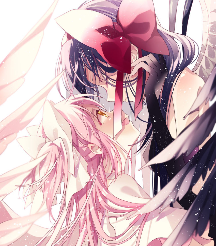 2girls akemi_homura akuma_homura ayumaru_(art_of_life) black_dress black_gloves black_hair dress duplicate elbow_gloves frilled_dress frills gloves goddess_madoka highres kaname_madoka long_hair mahou_shoujo_madoka_magica multiple_girls pink_hair pixel-perfect_duplicate ribbon smile violet_eyes white_dress wings yellow_eyes