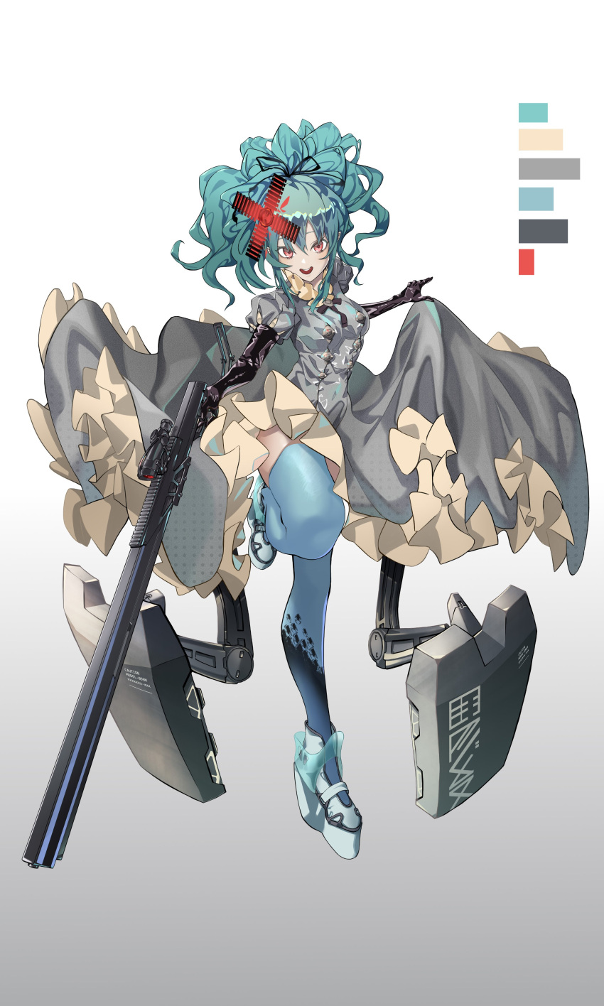 1girl absurdres bangs blue_footwear blue_hair blue_legwear color_guide dress floating_hair grey_dress gun hair_ornament highres holding holding_gun holding_weapon looking_at_viewer mecha_musume mechanical_arms open_hand open_mouth original pink_eyes platform_footwear platform_heels ponytail rifle scope shield smile sniper_rifle solo standing standing_on_one_leg thigh-highs weapon zinz
