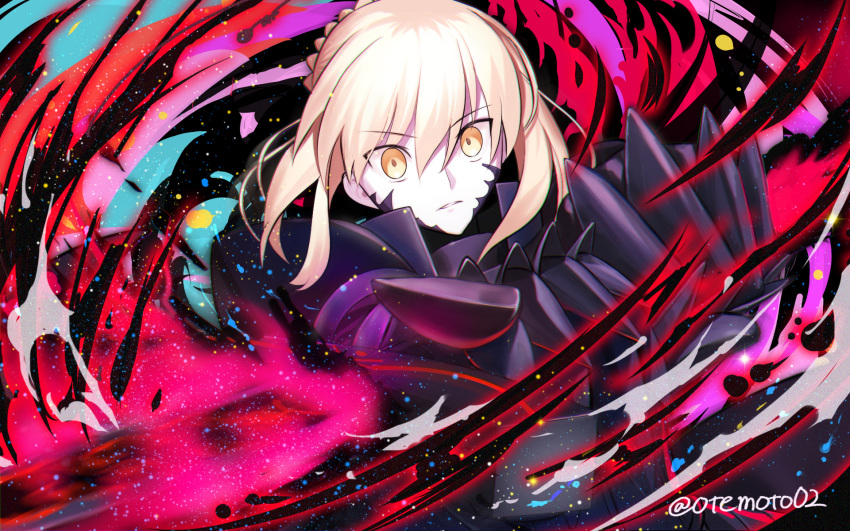 1girl ahoge armor artoria_pendragon_(all) bangs black_armor blonde_hair braid energy excalibur_morgan_(fate) eyebrows_visible_through_hair fate/grand_order fate_(series) highres holding holding_sword holding_weapon looking_at_viewer moto_(otemoto02) saber_alter short_hair solo sword upper_body weapon wide-eyed wind yellow_eyes