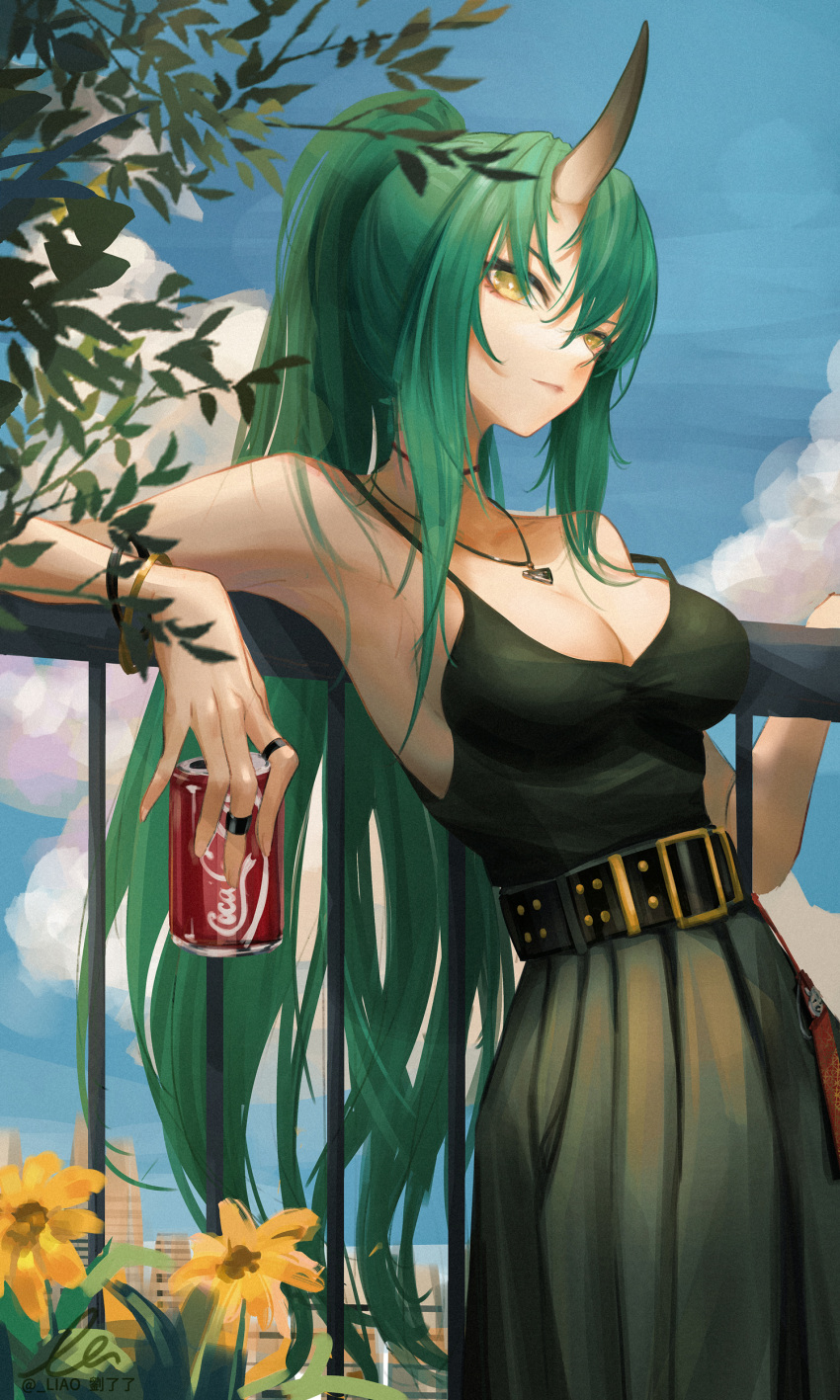1girl absurdres arknights arm_rest artist_name bangs belt black_belt blue_sky bracelet breasts can chinese_commentary closed_mouth commentary_request cowboy_shot day dress flower green_dress green_hair green_skirt hair_between_eyes highres holding holding_can horns hoshiguma_(arknights) jewelry large_breasts liu_liaoliao long_hair looking_at_viewer multiple_rings necklace outdoors ponytail ring single_horn skirt sky solo standing strap_slip twitter_username very_long_hair yellow_eyes yellow_flower