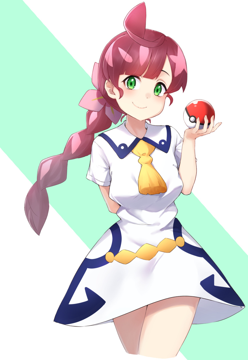 1girl absurdres ahoge anchor_symbol arm_behind_back braid chloe_(pokemon) flower green_eyes hair_flower hair_ornament highres holding holding_poke_ball long_hair m.tokotsu poke_ball poke_ball_(basic) pokemon pokemon_(anime) pokemon_swsh_(anime) smile solo