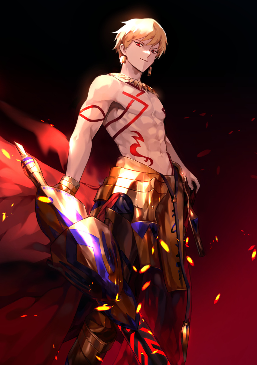 1boy abs absurdres armored_skirt blonde_hair closed_mouth earrings fate/grand_order fate_(series) gilgamesh_(fate) highres jewelry looking_at_viewer male_focus muscular muscular_male navel necklace nipples red_eyes shirtless short_hair solo tattoo user_giq0102 weapon