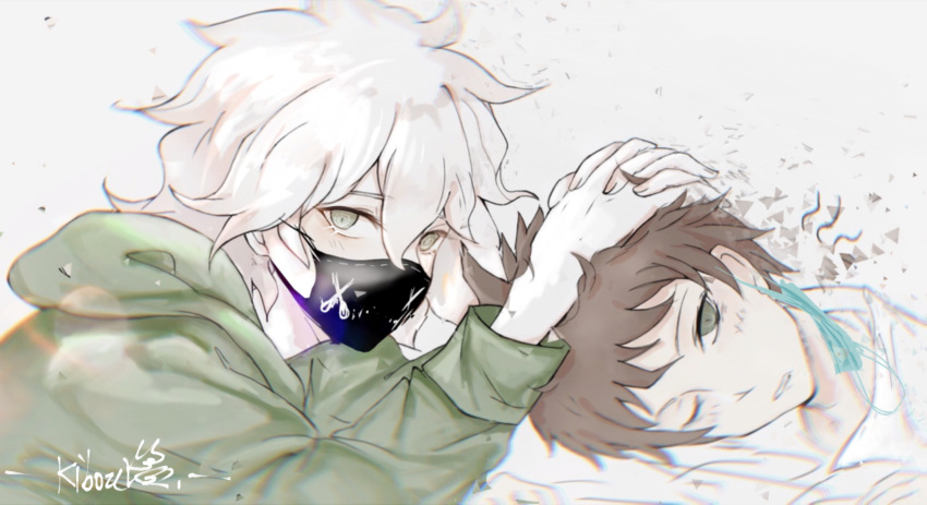 2boys artist_name bangs blush brown_hair commentary_request dangan_ronpa_(series) dangan_ronpa_2:_goodbye_despair green_jacket grey_background grey_hair hair_between_eyes hands_on_another's_head highres hinata_hajime hood hood_down interlocked_fingers jacket kibou_jiang komaeda_nagito long_hair long_sleeves looking_at_viewer male_focus mask mask_removed medium_hair messy_hair mouth_mask multiple_boys one_eye_closed scissors shirt short_hair simple_background white_shirt