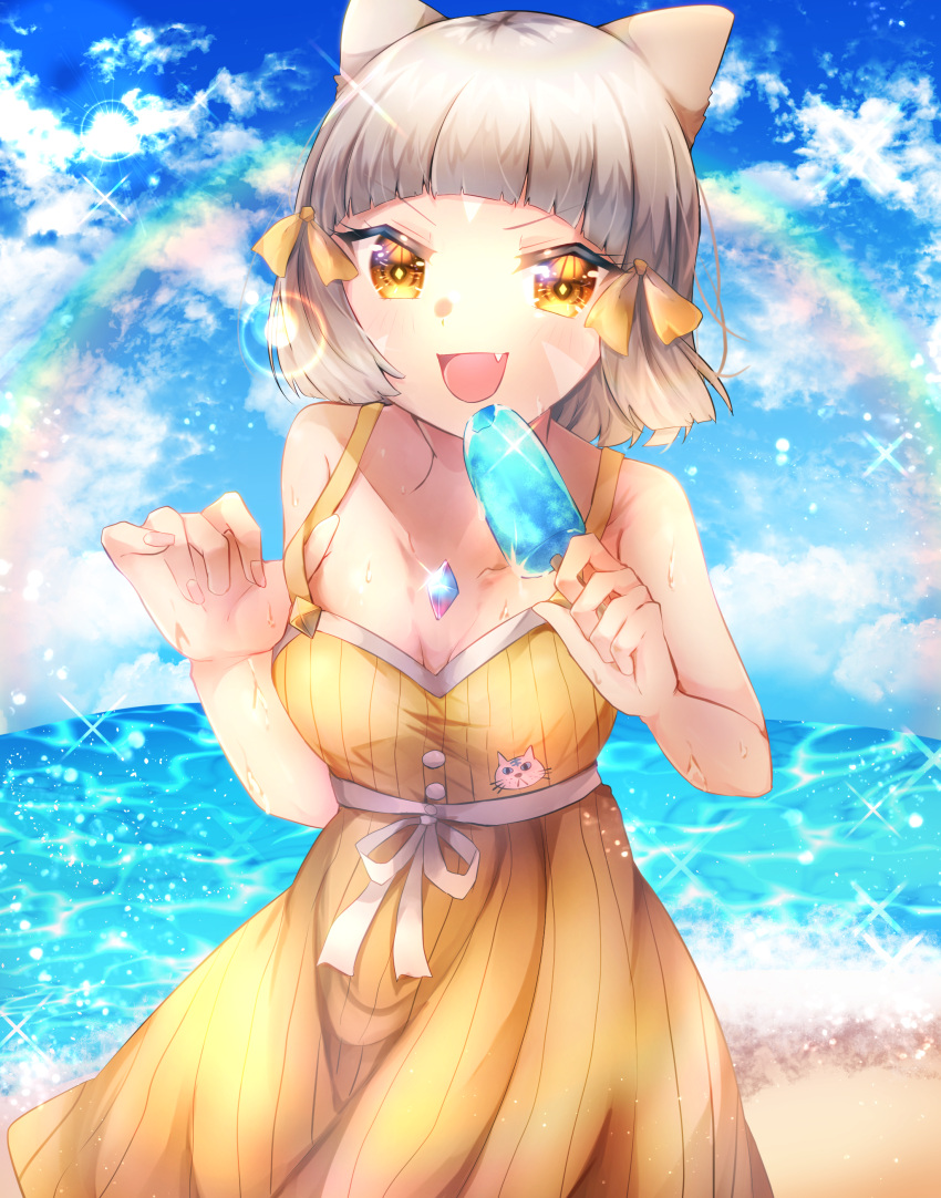 1girl absurdres am_mzk_mkz_9 animal_ears bangs blunt_bangs cat_ears chest_jewel dress_swimsuit highres nia_(fancy_sundress)_(xenoblade) nia_(xenoblade) short_hair silver_hair solo swimsuit xenoblade_chronicles_(series) xenoblade_chronicles_2 yellow_eyes yellow_swimsuit