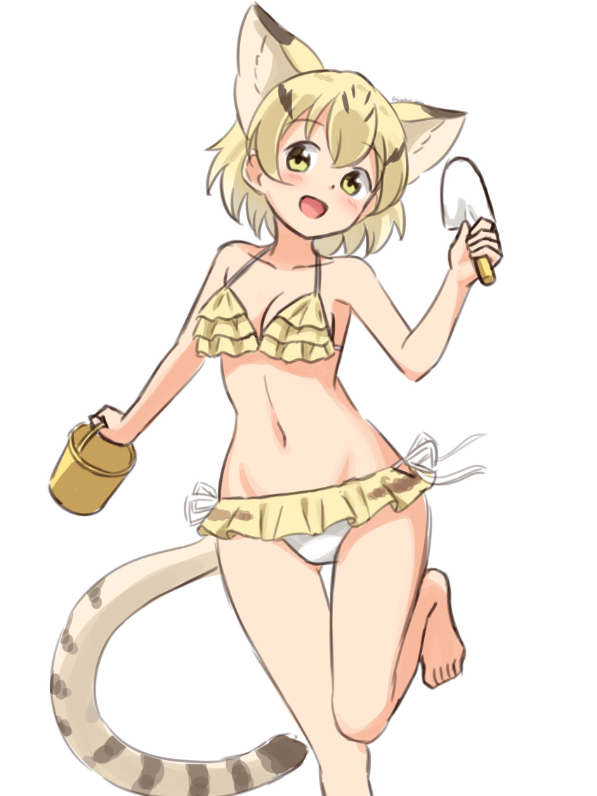 1girl :d absurdres adapted_costume animal_ears bangs bare_legs barefoot bikini blonde_hair blush breasts bucket cat_ears cat_girl cat_tail extra_ears eyebrows_visible_through_hair foot_out_of_frame frilled_bikini frills groin hair_between_eyes highres kemono_friends looking_at_viewer medium_breasts midriff navel open_mouth sand_cat_(kemono_friends) shiraha_maru short_hair side-tie_bikini smile solo swimsuit tail thigh_gap trowel yellow_bikini yellow_eyes