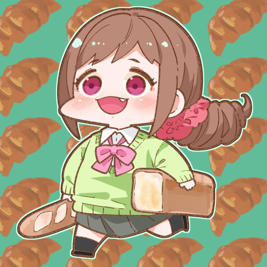 1girl :d baguette black_footwear black_legwear blush bow bowtie bread brown_hair character_request croissant fang food green_sweater grey_skirt hair_ornament hair_scrunchie highres holding idolmaster idolmaster_cinderella_girls long_hair open_mouth pink_bow pink_neckwear pleated_skirt scrunchie shoes skirt smile socks solo standing standing_on_one_leg sweater takato_kurosuke walking