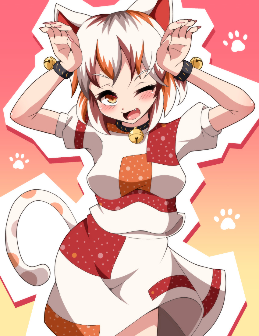 1girl :3 ;d absurdres animal_ears arms_up bangs bell brown_hair calico caramelldansen cat_ears cowboy_shot eyebrows_visible_through_hair fang fingernails goutokuji_mike gradient gradient_background highres long_fingernails looking_at_viewer multicolored multicolored_background multicolored_clothes multicolored_shirt multicolored_skirt multicolored_tail neck_bell one_eye_closed open_mouth orange_eyes orange_hair paw_print seirudo short_sleeves skirt smile solo standing tail touhou white_hair