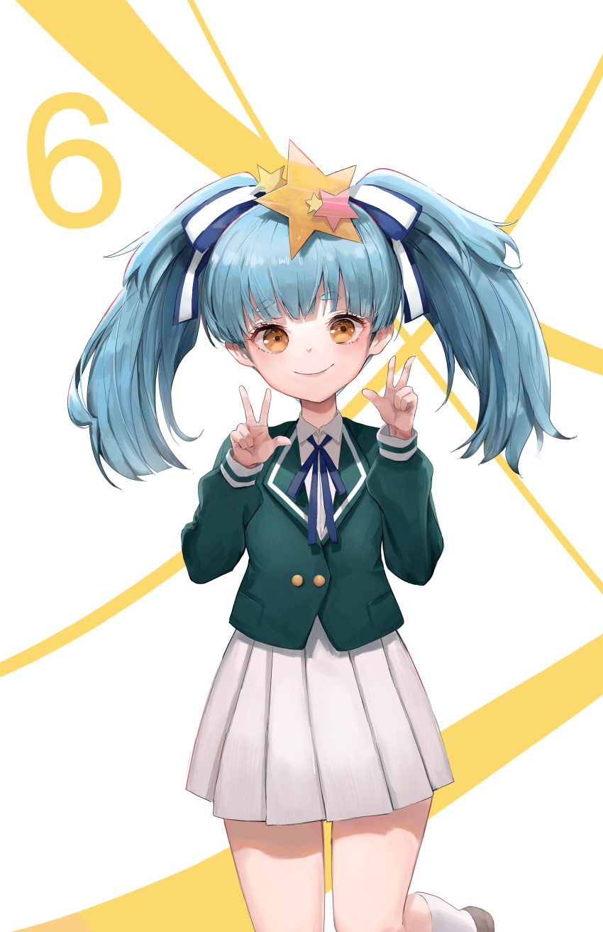 1girl absurdres bangs blue_hair closed_mouth double_v eyebrows_visible_through_hair hair_ornament hair_ribbon hands_up highres hoshikawa_lily light_blue_hair long_hair looking_at_viewer neck_ribbon number pigone ribbon school_uniform smile solo standing standing_on_one_leg star_(symbol) star_hair_ornament twintails v yellow_eyes zombie_land_saga