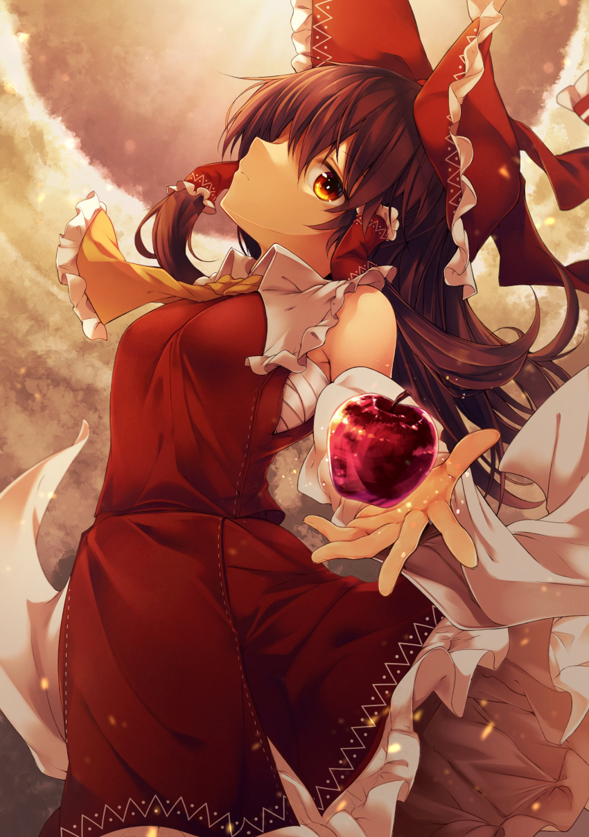 1girl absurdres apple arm_up bandages bangs bare_shoulders bow breasts brown_hair closed_mouth collar detached_sleeves dress eyebrows_visible_through_hair food frills fruit hair_between_eyes hair_tubes hakurei_reimu hand_up highres holding light long_sleeves medium_breasts medium_hair midori_(misuriru8) orange_eyes red_bow red_dress shadow solo sunlight touhou wide_sleeves yellow_background yellow_neckwear