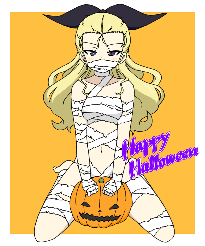 1girl assam_(girls_und_panzer) bandages barefoot black_ribbon blonde_hair blue_eyes border commentary covered_mouth english_text full_body girls_und_panzer hair_pulled_back hair_ribbon half-closed_eyes halloween halloween_costume happy_halloween highres ichinose_jun jack-o'-lantern kneeling long_hair looking_at_viewer mummy_costume navel orange_background outside_border ribbon solo white_border