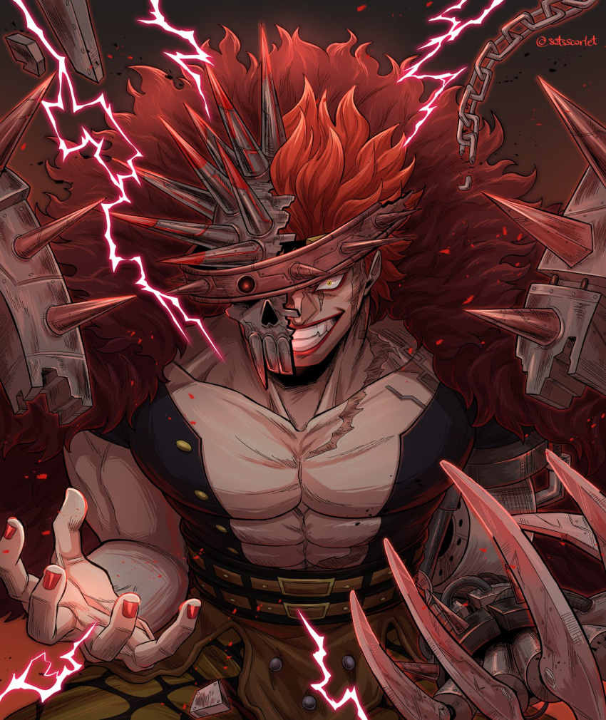 1boy abs cape chain collarbone commentary cowboy_shot crazy_eyes crazy_grin crazy_smile embers english_commentary eustass_captain_kid fang fingernails fur_cape grin highres lightning lipstick looking_at_viewer makeup male_focus mask metal muscular muscular_male nail_polish one_piece pale_skin pants pectorals prosthesis prosthetic_arm red_nails redhead satsu_(satsscarlet) scar scar_on_chest scar_on_face scar_on_neck shirt smile solo spikes stomach teeth