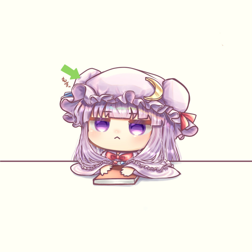 1girl :&lt; arrow_(symbol) bangs blue_ribbon blunt_bangs book bow bowtie chibi closed_mouth commentary_request crescent crescent_hat_ornament crescent_pin eyebrows_visible_through_hair hat hat_ornament hat_ribbon highres mob_cap patchouli_knowledge poking poking_head purple_hair red_bow red_neckwear red_ribbon ribbon simple_background solo suna_sen table touhou translation_request violet_eyes white_background wide_sleeves