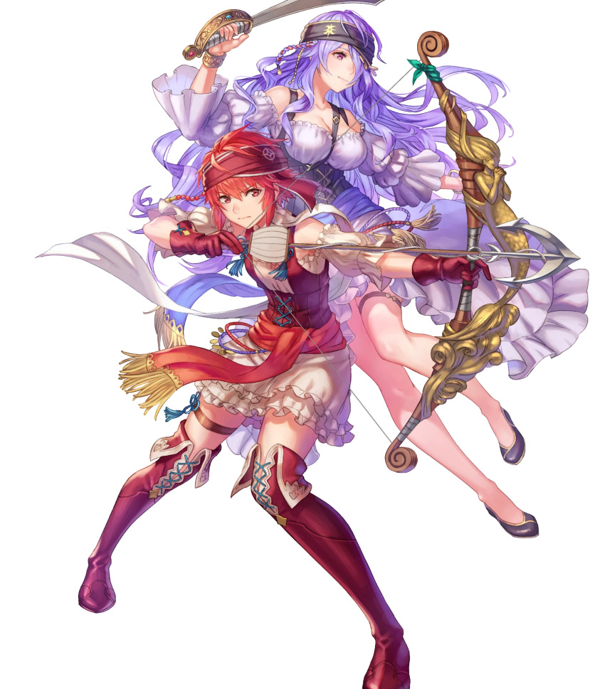 2girls anbe_yoshirou arrow_(projectile) bangs bare_shoulders boots bow_(weapon) breasts camilla_(fire_emblem) closed_mouth collarbone dress fire_emblem fire_emblem_fates fire_emblem_heroes frills full_body gem gloves gold hair_over_one_eye headband highres hinoka_(fire_emblem) holding holding_sword holding_weapon large_breasts long_hair looking_away multiple_girls official_art puffy_short_sleeves puffy_sleeves purple_hair red_eyes redhead short_hair short_sleeves smile sword thigh-highs thigh_boots thigh_strap transparent_background weapon