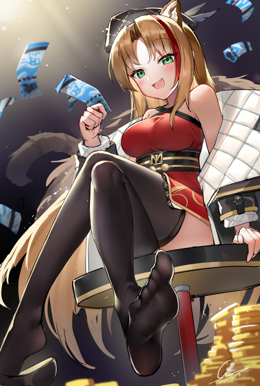 1girl :d animal_ears arknights arm_support bare_shoulders black_footwear black_legwear blonde_hair blush breasts coin commentary_request dark_background dress eyebrows_visible_through_hair fang ginn_(hzh770121) green_eyes highres holding holding_money large_breasts looking_at_viewer lungmen_dollar money multicolored_hair off_shoulder on_table open_mouth red_dress redhead sitting smile solo streaked_hair swire_(arknights) table tail thigh-highs tiger_ears tiger_girl tiger_tail