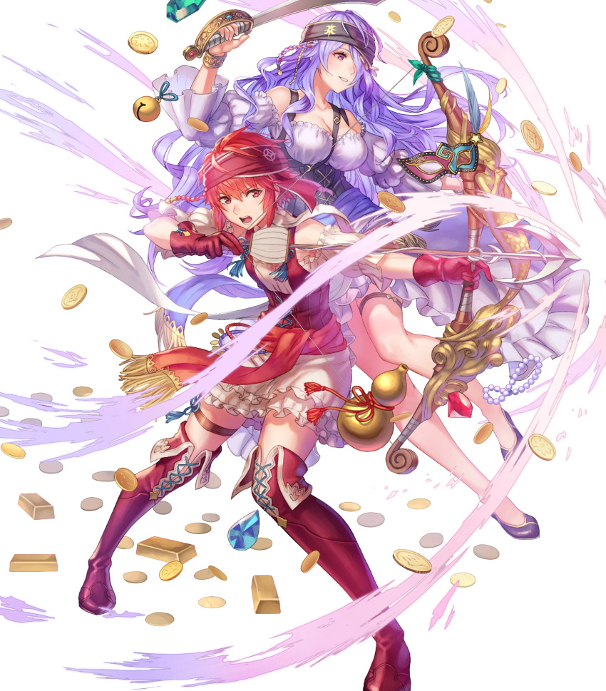 2girls anbe_yoshirou arrow_(projectile) bangs bare_shoulders boots bow_(weapon) breasts camilla_(fire_emblem) collarbone dress fire_emblem fire_emblem_fates fire_emblem_heroes frills full_body gem gloves gold hair_over_one_eye headband highres hinoka_(fire_emblem) holding holding_sword holding_weapon large_breasts long_hair looking_away multiple_girls official_art open_mouth parted_lips puffy_short_sleeves puffy_sleeves purple_hair red_eyes redhead short_hair short_sleeves smile sword thigh-highs thigh_boots thigh_strap transparent_background weapon