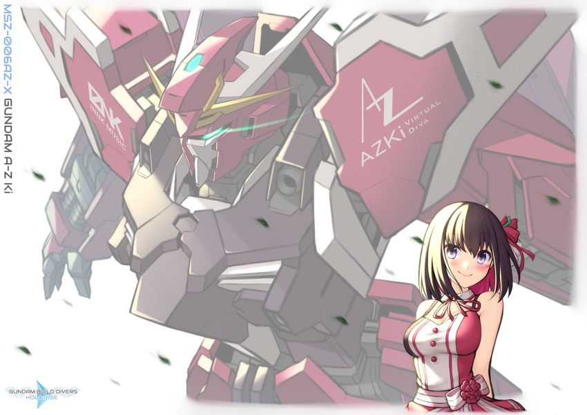 1girl amazing_z_gundam azki_(hololive) bangs black_hair blue_eyes blush breasts character_name dress english_commentary eyebrows_behind_hair glowing glowing_eye gundam gundam_build_divers gundam_build_divers_re:rise gundam_build_fighters head_tilt highres hobby_hobby_imagining_builders hololive logo_parody looking_ahead looking_at_viewer mecha medium_breasts mobile_suit open_hand parody pinguinkotak pink_dress science_fiction short_hair smile title_parody v-fin violet_eyes virtual_youtuber
