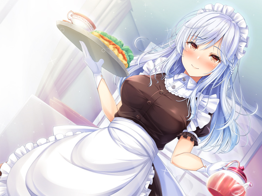 1girl akashio_(loli_ace) apron bangs black_dress braid breasts brown_eyes ceiling closed_mouth collared_dress cup curtains dress dutch_angle eyebrows_visible_through_hair food frilled_sleeves frills gloves highres holding holding_tray indoors large_breasts long_hair looking_at_viewer maid maid_apron maid_headdress non-web_source omurice original short_sleeves sidelocks smile solo standing teacup teapot tray white_gloves white_hair