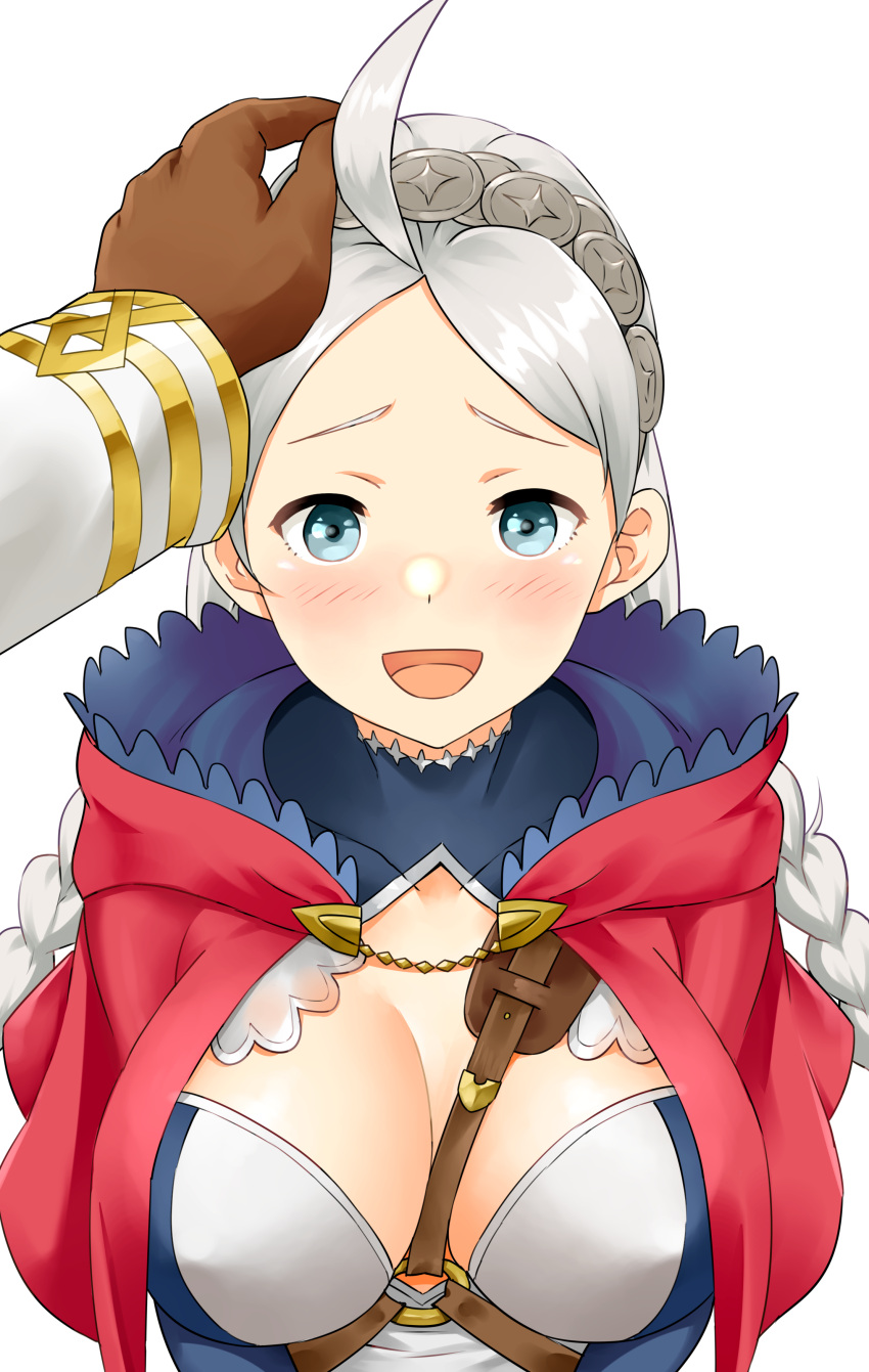 absurdres ahoge bangs blue_eyes braid breasts brown_gloves fire fire_emblem fire_emblem_fates fire_emblem_heroes gloves hairband harness headpat highres hood hood_down igni_tion kiran_(fire_emblem) large_breasts looking_at_viewer male_hand md5_mismatch nina_(fire_emblem) open_mouth twin_braids upper_body