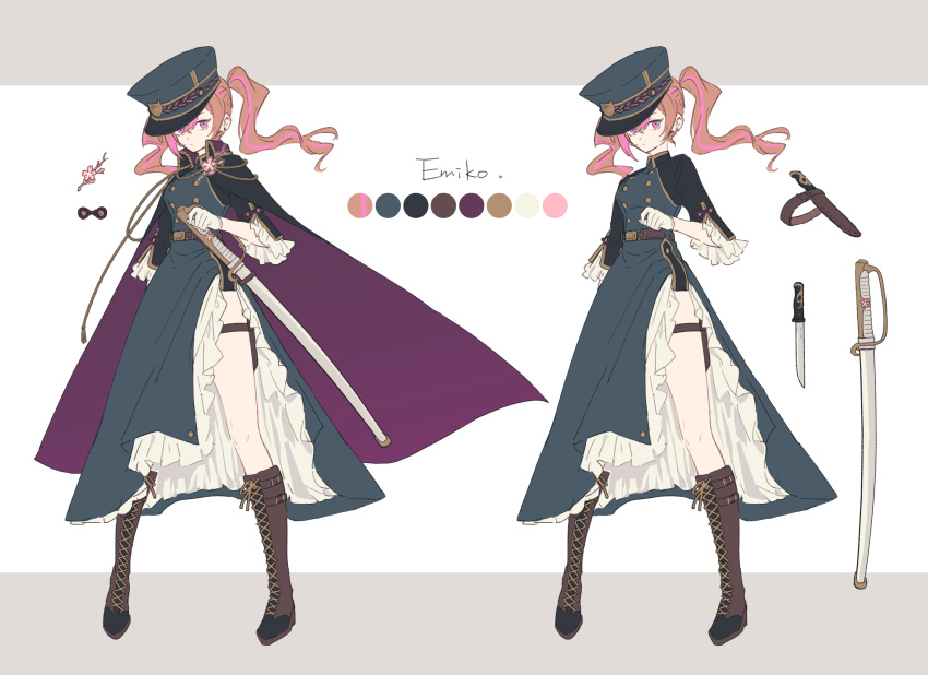 1girl boots brown_hair cape character_sheet cherry_blossoms closed_mouth commission commissioner_upload emiko_(dendroai) hat highres leslievernon original pink_eyes solo standing sword thigh_strap twintails weapon