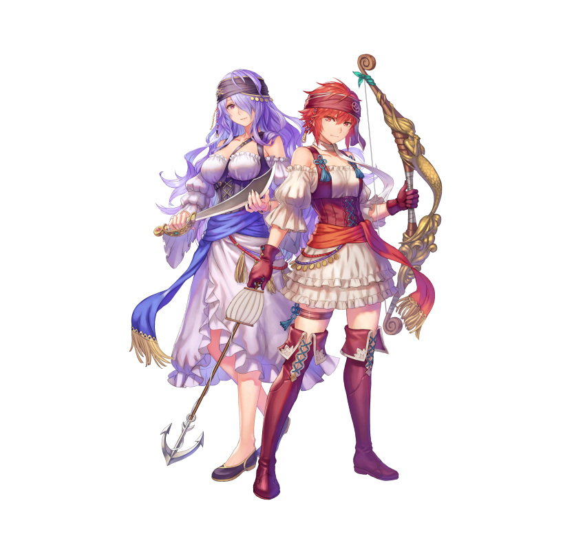 2girls absurdres anbe_yoshirou arrow_(projectile) bangs bare_shoulders boots bow_(weapon) braid breasts camilla_(fire_emblem) closed_mouth collarbone commentary dress fire_emblem fire_emblem_fates fire_emblem_heroes frills full_body gloves hair_over_one_eye headband highres hinoka_(fire_emblem) holding holding_bow_(weapon) holding_sword holding_weapon large_breasts long_hair looking_at_viewer multiple_girls official_art puffy_short_sleeves puffy_sleeves purple_hair red_eyes redhead shiny shiny_hair shoes short_hair short_sleeves simple_background smile standing sword thigh-highs thigh_boots thigh_strap tied_hair weapon white_background zettai_ryouiki