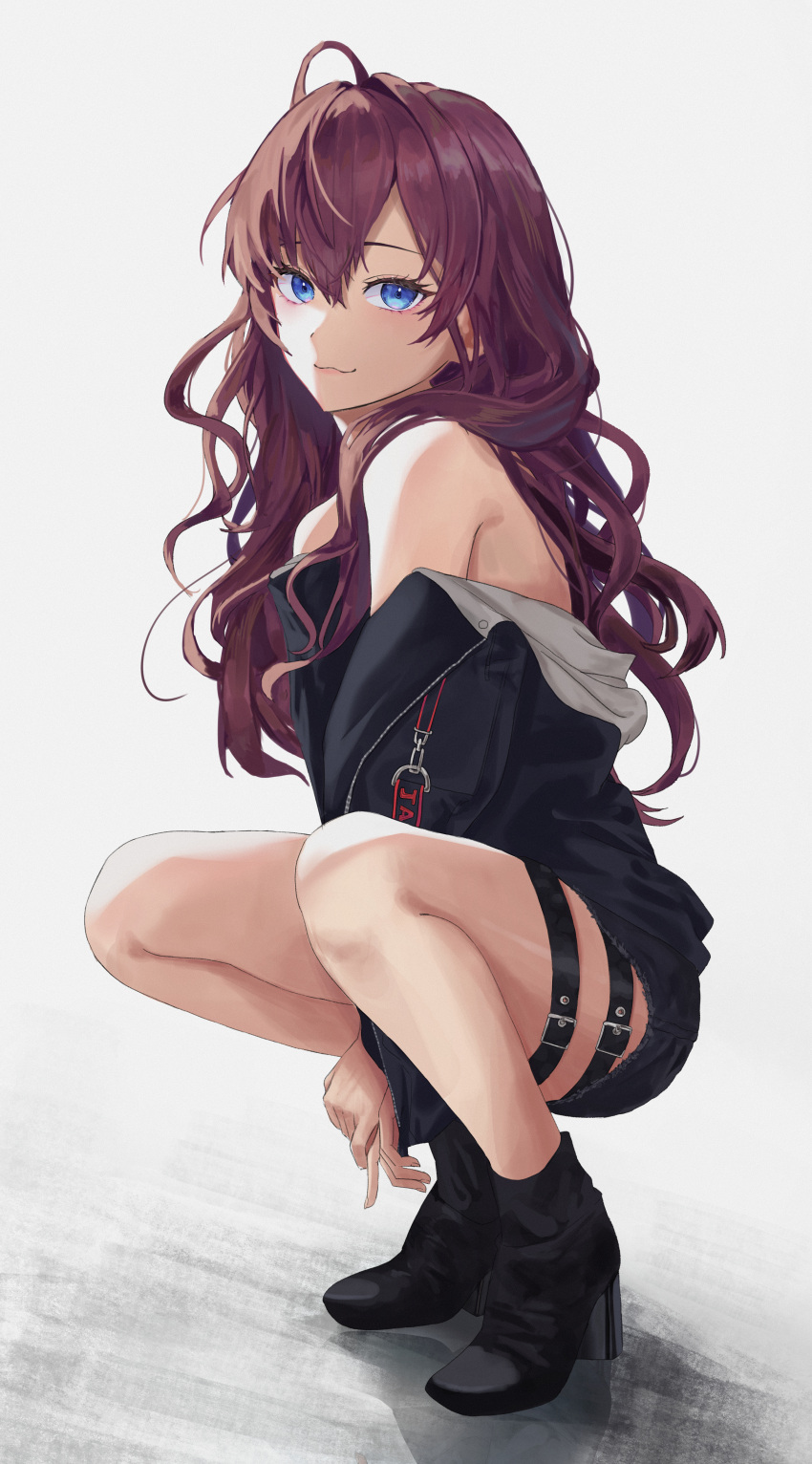 1girl :3 absurdres arms_between_legs bangs bare_legs bare_shoulders black_footwear black_jacket blue_eyes closed_mouth from_side full_body grey_background hair_between_eyes high_heels highres huge_filesize ichinose_shiki idolmaster idolmaster_cinderella_girls jacket jenmin12 long_hair long_sleeves looking_at_viewer looking_to_the_side off_shoulder purple_hair simple_background smile solo squatting symbol-only_commentary thigh_strap
