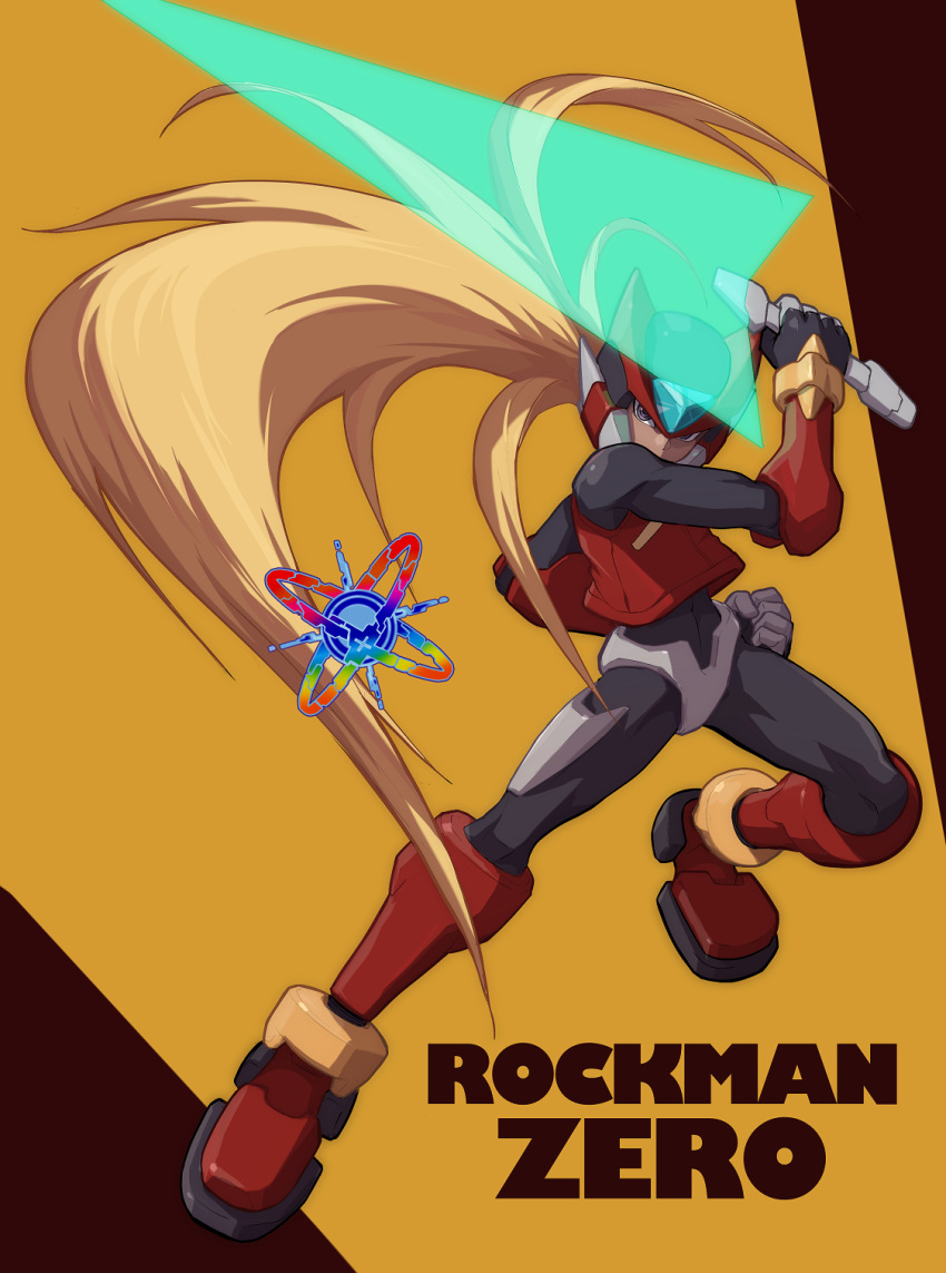1boy android arm_up black_bodysuit black_gloves blonde_hair bodysuit commentary_request copyright_name cyber_elves energy_sword english_commentary floating_hair full_body gloves grey_gloves helmet highres holding holding_sword holding_weapon hoshi_mikan jacket long_hair male_focus mega_man_(series) mega_man_zero mixed-language_commentary red_background red_footwear red_headwear red_jacket solo standing sword two-tone_background two-tone_gloves very_long_hair violet_eyes weapon yellow_background zero_(mega_man)