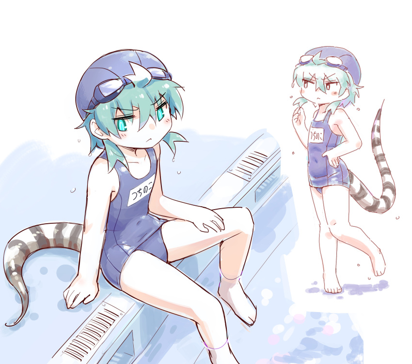 0x0082 1girl absurdres alternate_costume bare_legs bare_shoulders barefoot blue_eyes blue_hair blue_headwear blue_swimsuit blush eyebrows_visible_through_hair full_body goggles goggles_on_head highres kemono_friends multiple_views pool school_swimsuit short_hair sitting sleeveless snake_print snake_tail solo standing standing_on_one_leg swim_cap swimsuit tail translated tsuchinoko_(kemono_friends) water_drop