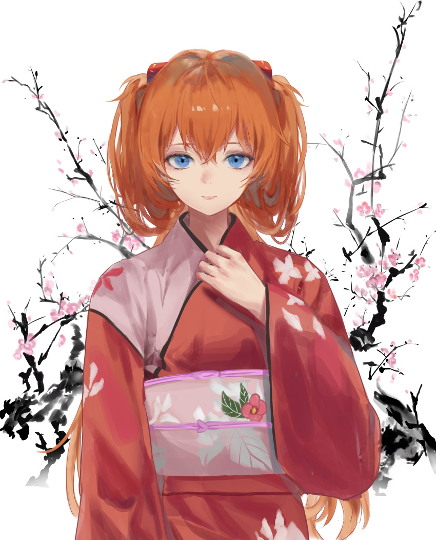 1girl absurdres bangs blue_eyes branch cherry_blossoms closed_mouth commentary expressionless floral_print flower hair_between_eyes hand_up highres huge_filesize interface_headset japanese_clothes jenmin12 kimono long_hair looking_at_viewer neon_genesis_evangelion obi orange_hair pink_flower print_kimono red_kimono sash simple_background solo souryuu_asuka_langley upper_body white_background