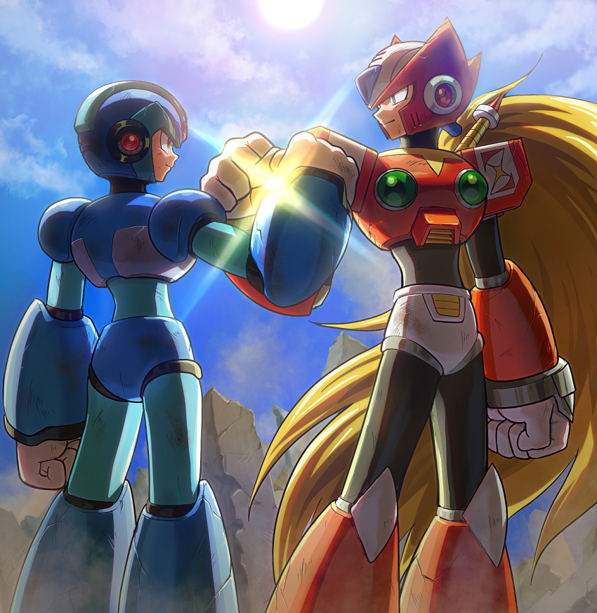 2boys arm_at_side armor black_bodysuit blonde_hair blue_bodysuit blue_eyes blue_headwear blue_sky bodysuit clenched_hands closed_mouth clouds commentary crack day dirty dirty_face dust_cloud english_commentary eye_contact fist_bump from_side green_eyes hand_up helmet highres hoshi_mikan long_hair looking_at_another male_focus mega_man_(series) mega_man_x_(character) mega_man_x_(series) multiple_boys outdoors red_headwear robot_ears shoulder_armor sky smile standing sun sword sword_behind_back very_long_hair weapon weapon_on_back zero_(mega_man)