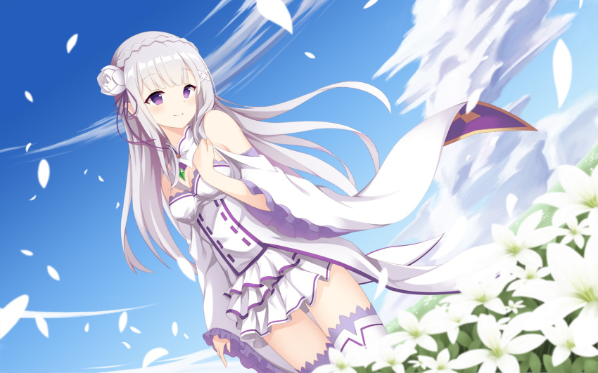 1girl bangs blue_sky breasts closed_mouth clouds cloudy_sky detached_sleeves dress emilia_(re:zero) eyebrows_visible_through_hair flower frills gem hairband hand_up highres jewelry leaf long_sleeves looking_at_viewer medium_breasts re:zero_kara_hajimeru_isekai_seikatsu sky smile solo standing thigh-highs violet_eyes white_dress white_flower white_hair white_hairband white_legwear wide_sleeves yasuharasora