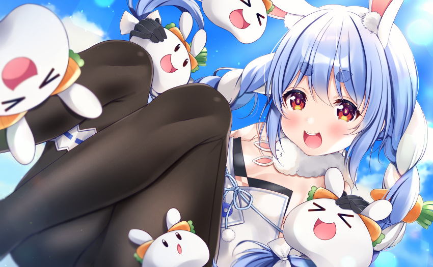 1girl :d animal_ears bangs bare_shoulders black_gloves black_legwear black_leotard blue_hair blue_sky blush braid breasts bunny-shaped_pupils carrot_hair_ornament clothing_cutout creature food-themed_hair_ornament fur_scarf gloves hair_ornament highres hikimayu hololive leotard leotard_under_clothes long_hair multicolored_hair nako_narita open_mouth orange_eyes pantyhose rabbit rabbit_ears rabbit_girl scarf seamed_legwear short_eyebrows side-seamed_legwear sky small_breasts smile solo strapless swept_bangs symbol-only_commentary thick_eyebrows twin_braids twintails two-tone_hair underboob_cutout upper_teeth usada_pekora virtual_youtuber white_hair white_scarf