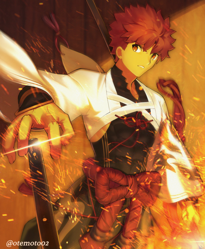 1boy absurdres covered_abs embers emiya_shirou fate/grand_order fate_(series) feet_out_of_frame fire highres holding holding_sword holding_weapon huge_filesize male_focus moto_(otemoto02) orange_hair pectorals senji_muramasa_(fate) short_hair solo sparkle sword toned toned_male weapon yellow_eyes