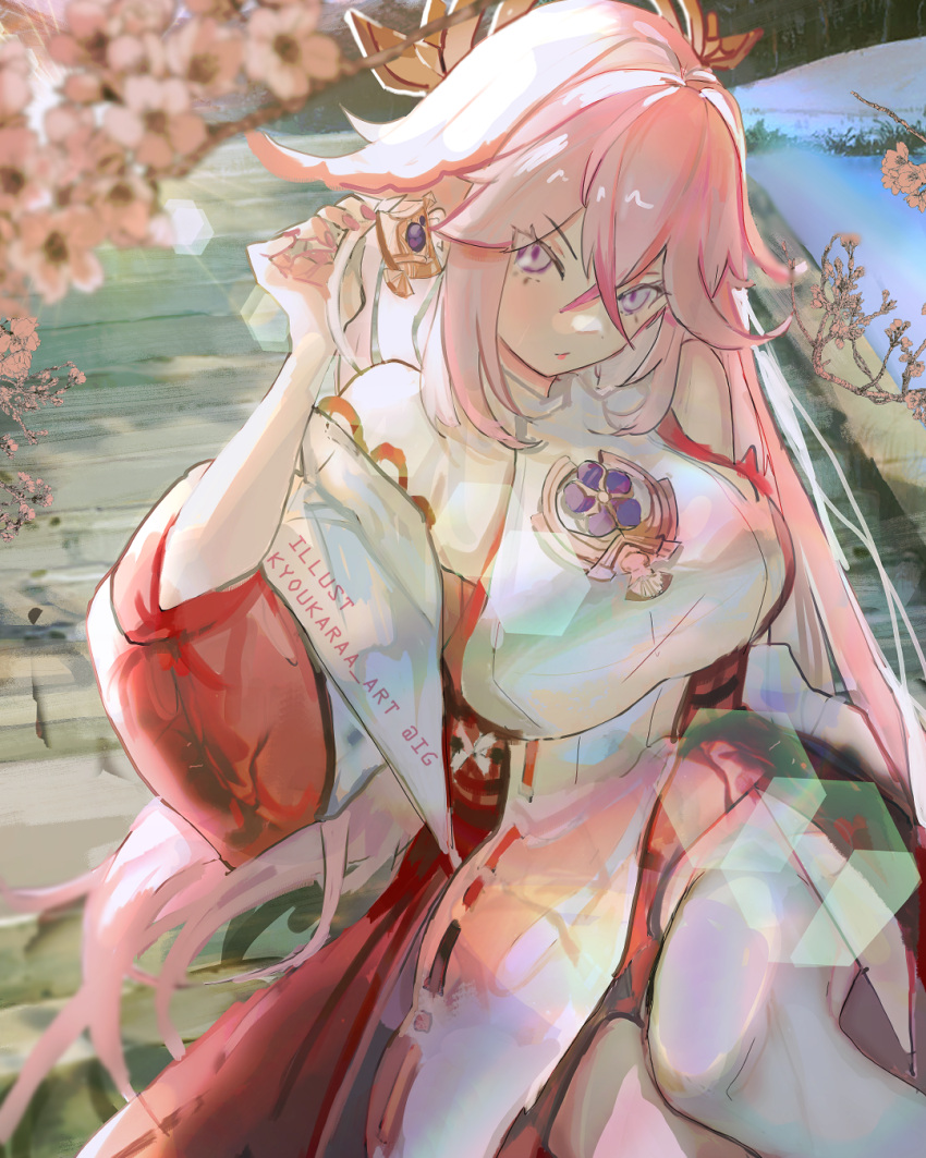 1girl breasts cherry_blossoms earrings fox_ears genshin_impact highres japanese_clothes kyoukaraa miko pink_hair violet_eyes yae_miko
