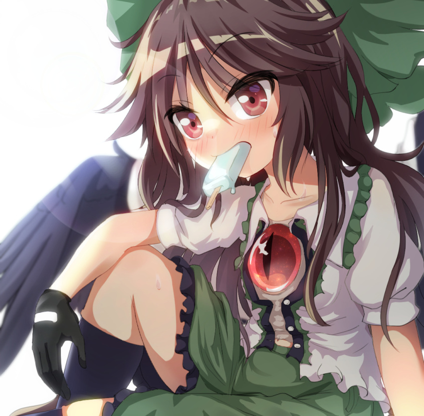 1girl bangs bird_wings black_gloves black_legwear black_wings blouse blush bow brown_hair buttons chitose_hachi collared_blouse commentary_request eyebrows_visible_through_hair feet_out_of_frame food food_in_mouth frilled_skirt frills gloves green_bow green_skirt hair_between_eyes hair_bow kneehighs long_hair looking_at_viewer open_mouth popsicle puffy_short_sleeves puffy_sleeves red_eyes reiuji_utsuho short_sleeves simple_background skirt solo third_eye touhou white_background white_blouse wings