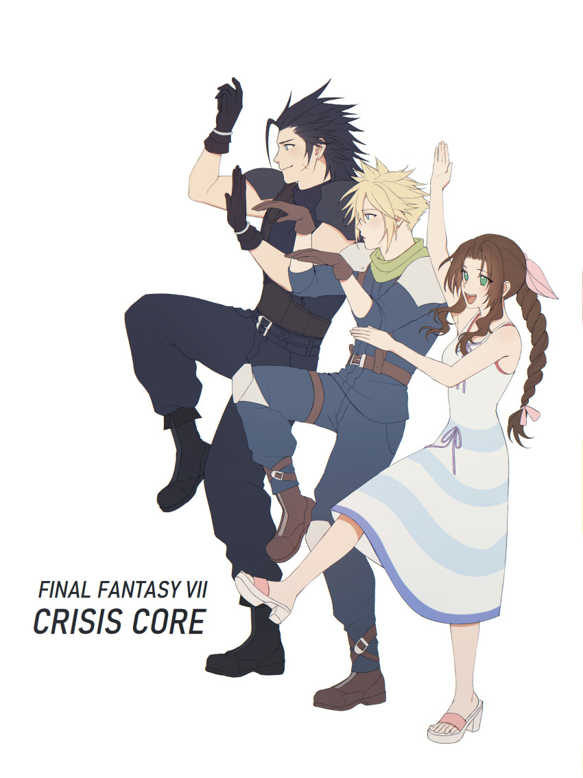 1girl 2boys absurdres aerith_gainsborough aqua_eyes armor baggy_pants bangs bare_arms belt black_hair blonde_hair blue_pants blue_shirt boots braid braided_ponytail breasts brown_hair cloud_strife crisis_core_final_fantasy_vii dress final_fantasy final_fantasy_vii full_body gloves green_eyes hair_between_eyes hair_ribbon hair_slicked_back hands_up highres leg_up long_sleeves medium_breasts montaro multiple_belts multiple_boys open_mouth pants parted_bangs ribbon sandals scar scar_on_cheek scar_on_face shirt shoulder_armor sidelocks sleeveless sleeveless_dress sleeveless_turtleneck sleeves_rolled_up smile spiky_hair striped striped_dress suspenders turtleneck wavy_hair white_background white_dress younger zack_fair