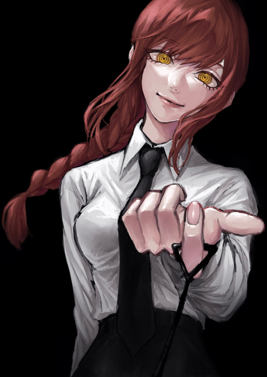 1girl bangs black_neckwear braid braided_ponytail brown_hair business_suit cable chainsaw_man eyebrows_visible_through_hair formal head_tilt highres light_smile long_hair makima_(chainsaw_man) necktie pulling_back ringed_eyes shirt_tucked_in smile solo suit user_vjuj8532 yellow_eyes