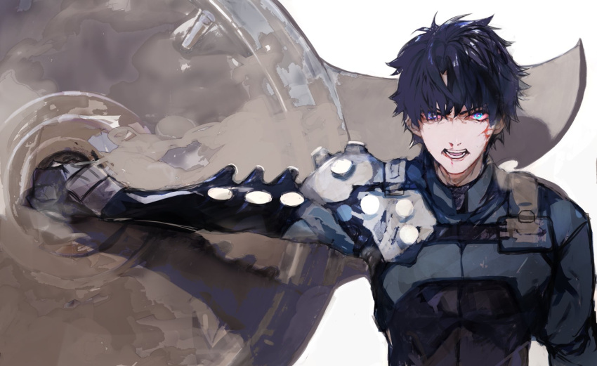1boy alternate_costume angry armor artist_request bangs black_armor black_gloves black_hair blood blood_from_mouth blood_on_face blue_eyes commentary_request fate/grand_order fate_(series) fujimaru_ritsuka_(male) gauntlets gloves hair_between_eyes highres holding holding_shield holding_weapon long_sleeves looking_at_viewer male_focus official_alternate_costume open_mouth red_pupils shield short_hair shoulder_armor solo teeth upper_body weapon white_background